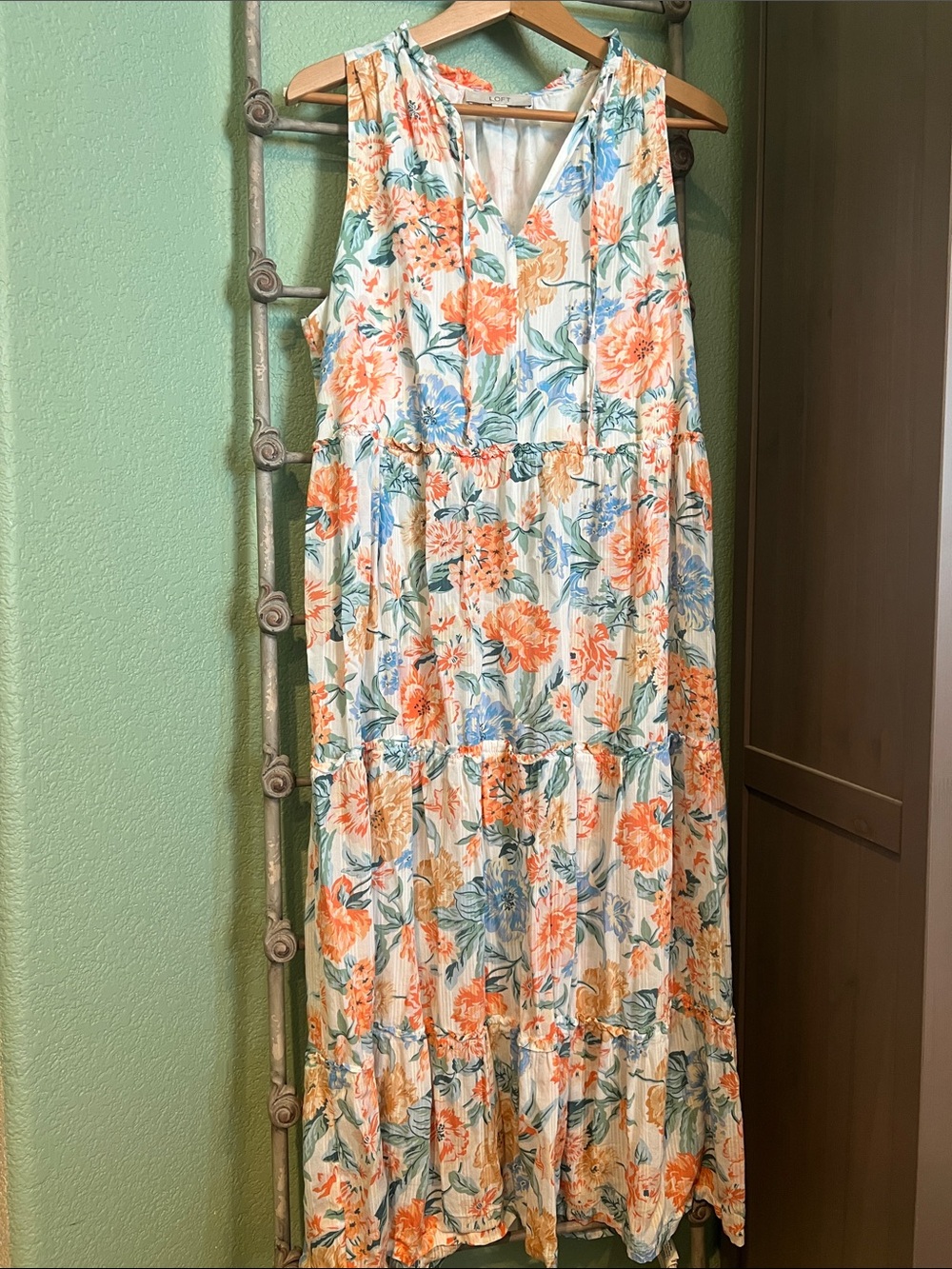 LOFT Cream Floral Tiered Maxi Dress with Orange & Blue Accents
